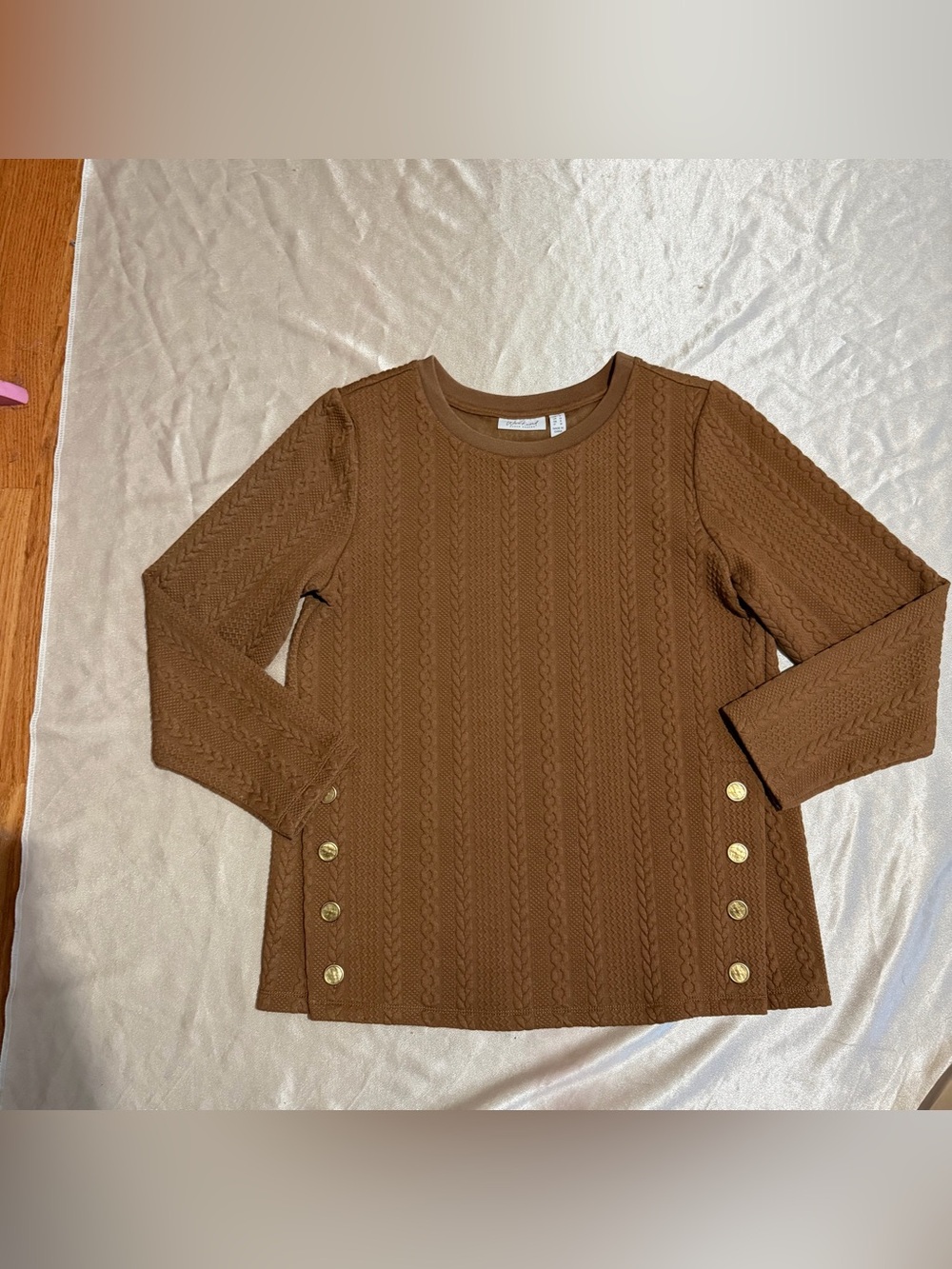 Susan Graver Weekend Jacquard Knit Jewel Neck Top w/Button Detail Small A712777